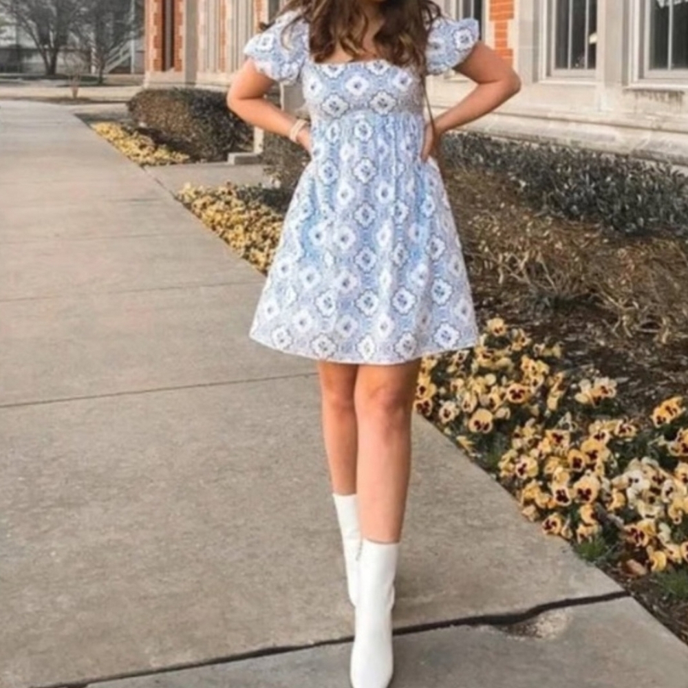 ANTONIO MELANI Light Blue Lace Square Neck Puff Sleeve Dress